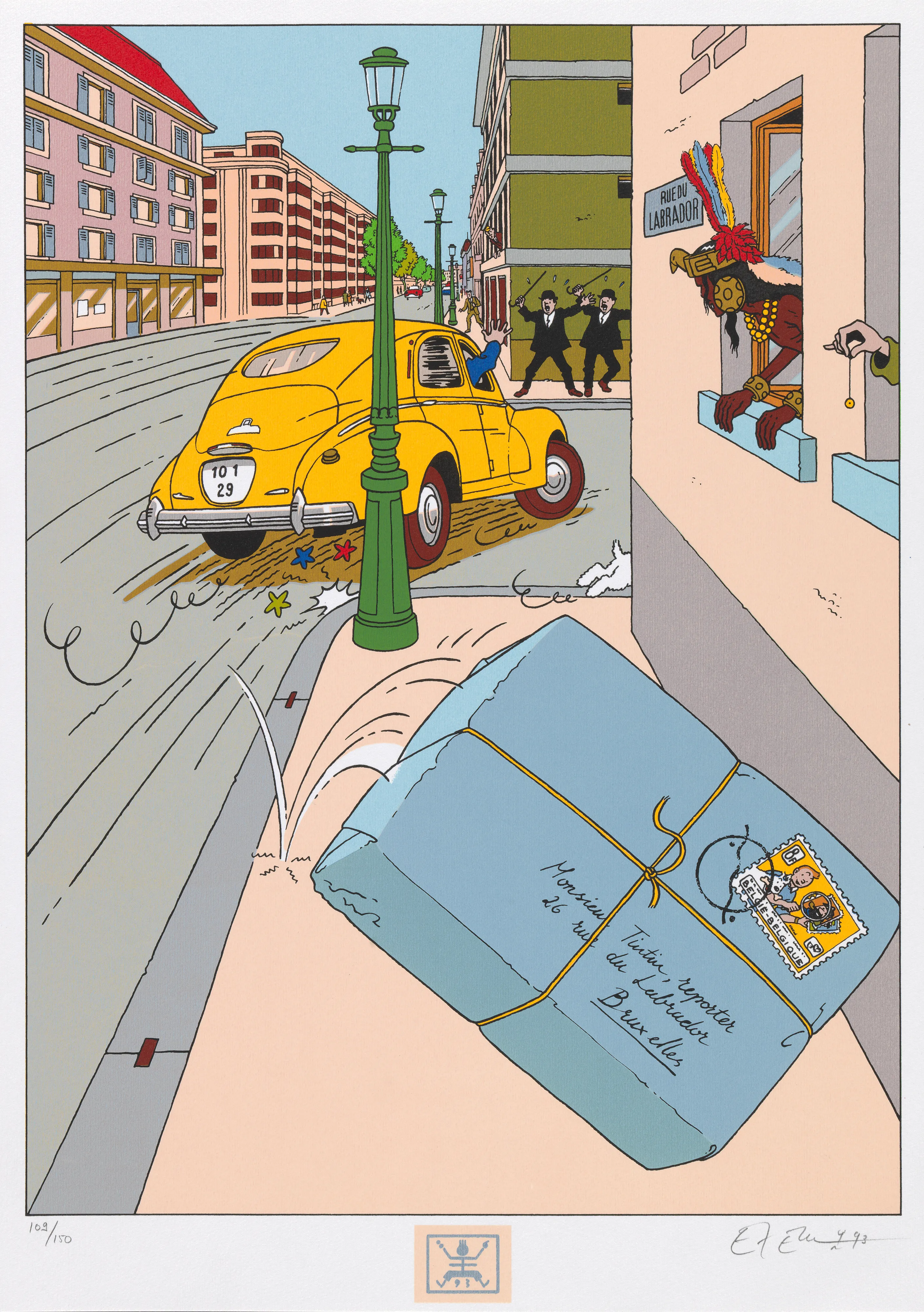 Monsieur Tintin, reporter 26 rue du Labrador Bruxelles) ce texte se trouve sur colis postal